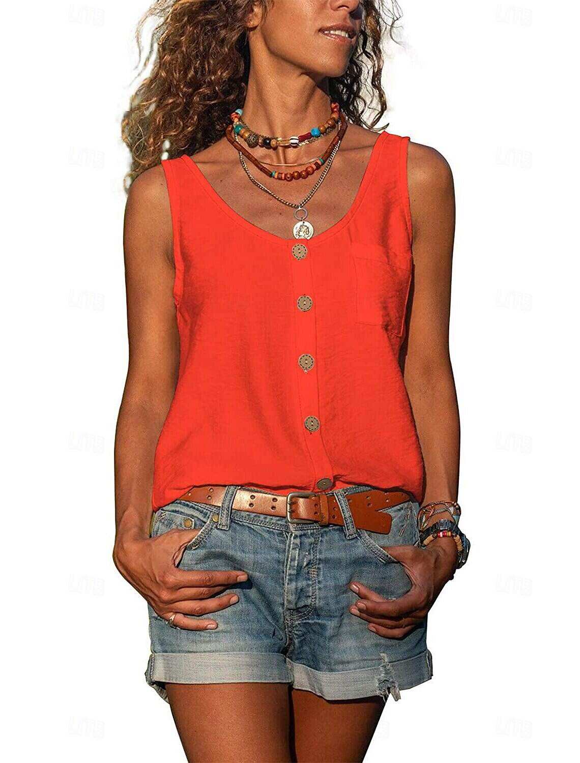 Women's ArmyGreen Black White Plain Sleeveless Daily Basic V Neck Regular S