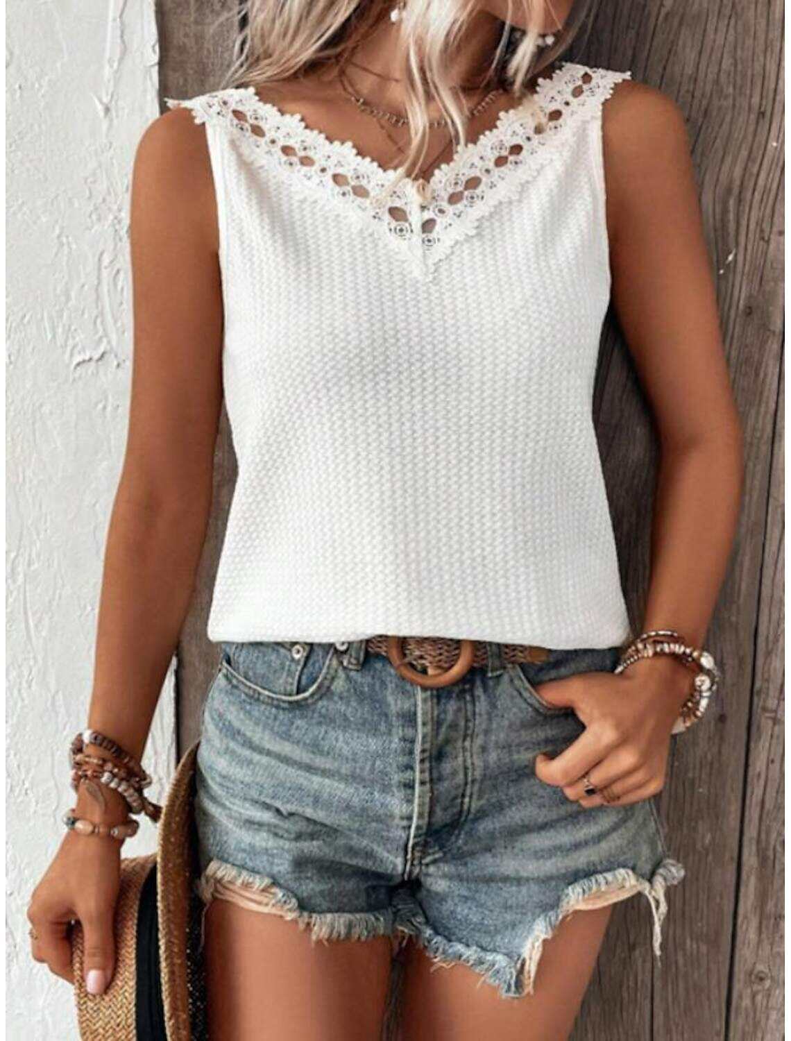 Women's Shirt Dressy Tops Stylish Lace Eyelet Sleeveless Sleeveless V Neck Daily Summer