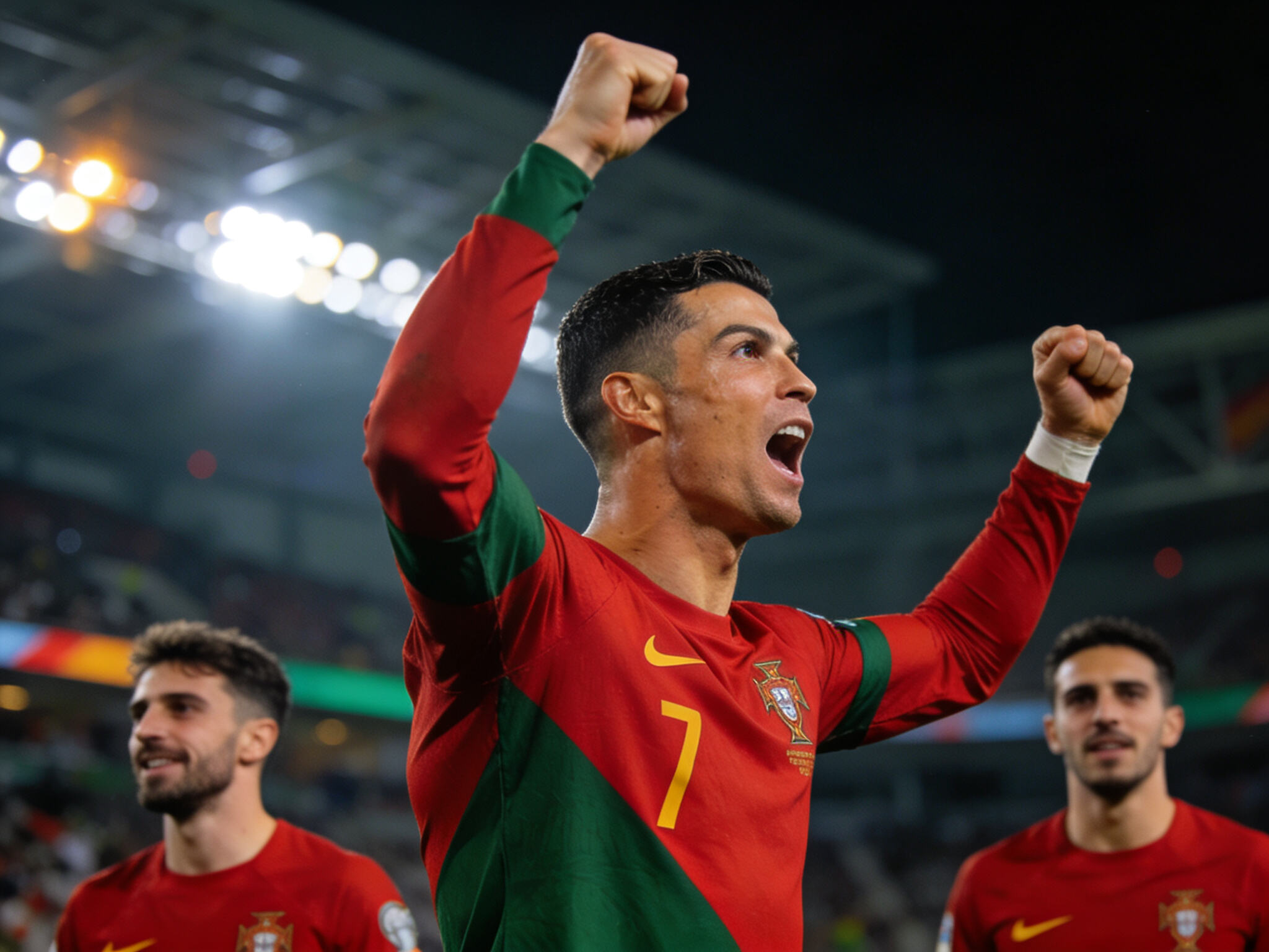 A powerful composite image shows Cristiano Ronaldo in a Portugal jersey celebrating, alongside next-gen stars like Bruno Fernandes. It symbolizes leadership and passing the torch at Euro 2024.