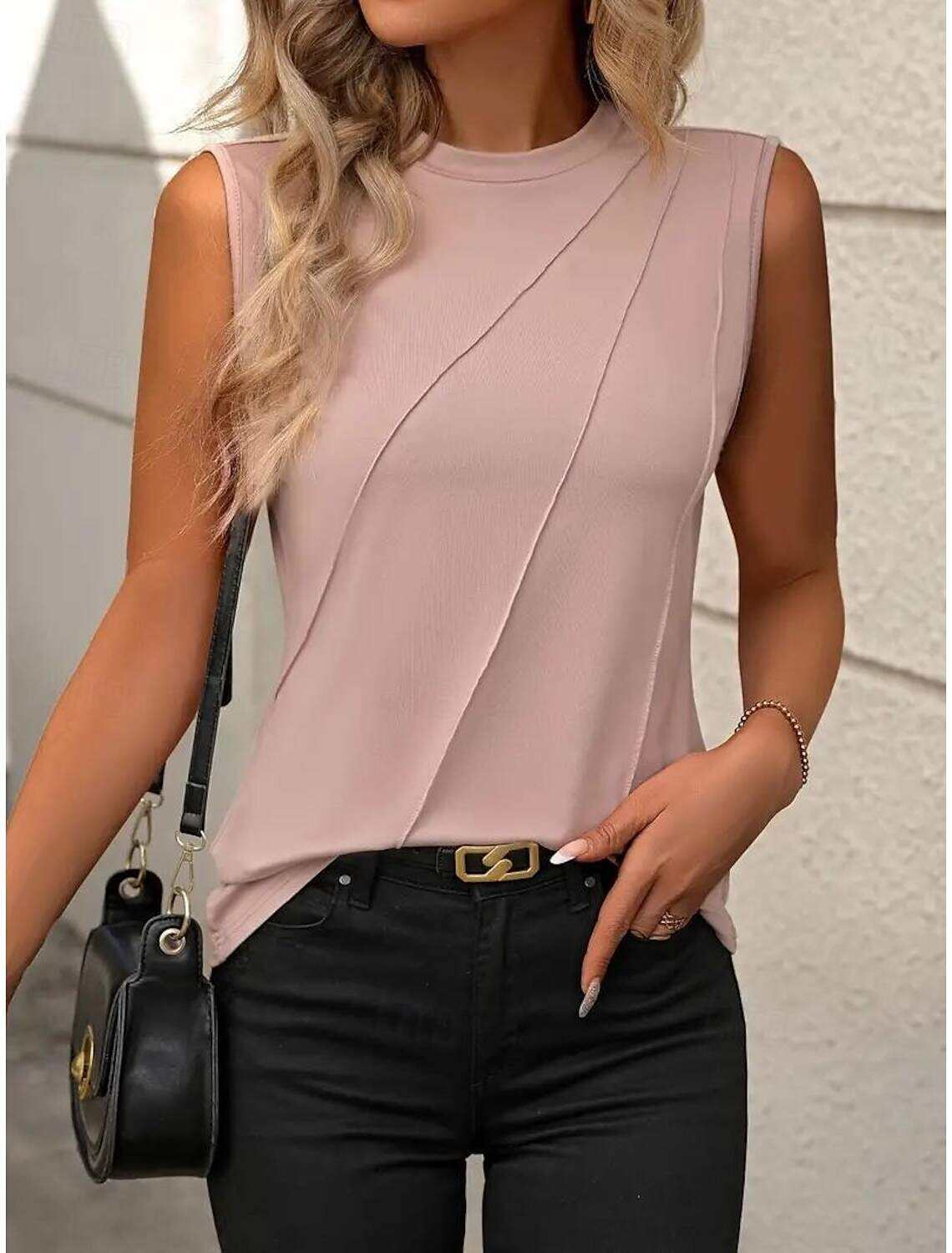 Women's Blouse Sleeveless Round Neck Asymmetrical Layered Elegant Draped Summer Spring Casual Workwear Regular Fit Versatile Top Clothing Apparel