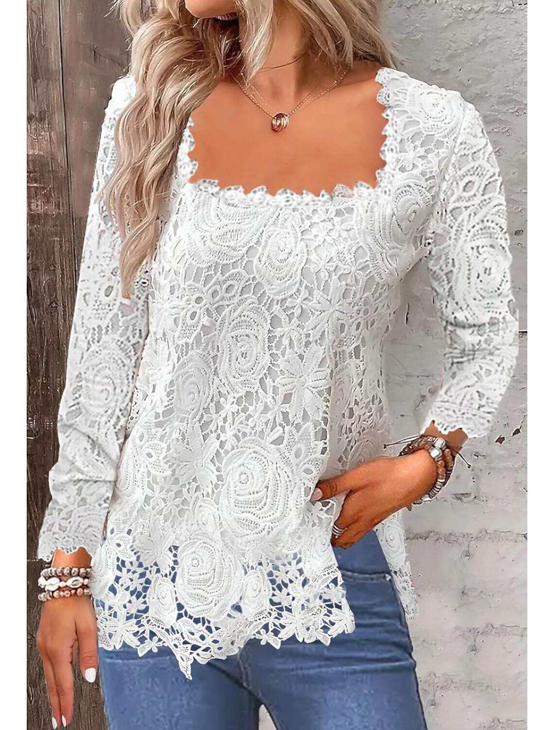 Shirt Lace Shirt Blouse Eyelet top Women's Plain Lace Street Daily Fashion Square Neck Regular Fit S