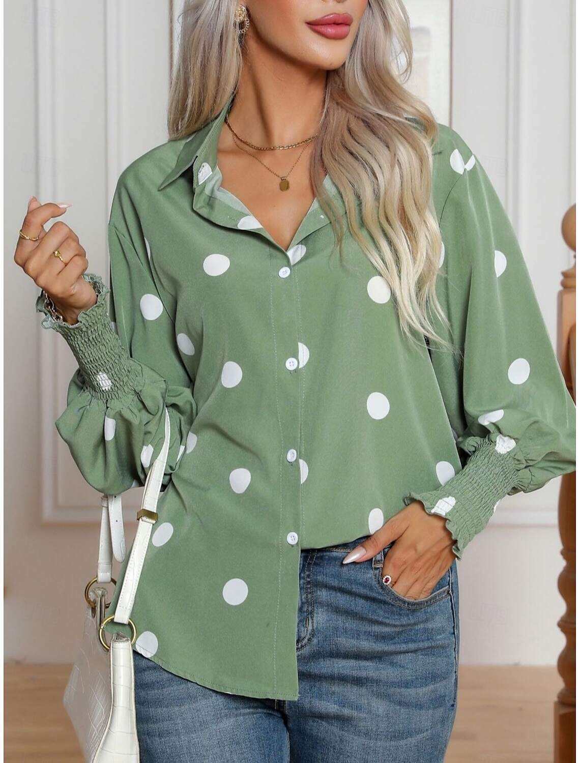 Women's Shirt Blouse Elegant Daily Casual Polka Dot Regular Tops Long Sleeve Shirt Collar Buttons Loose Fit Work Daily Holiday Summer Spring