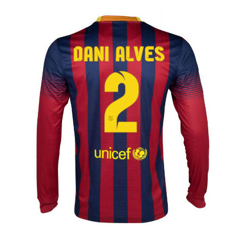 13-14 Barcelona 2 Dani Alves Home Long Sleeve Soccer Jersey Shirt -