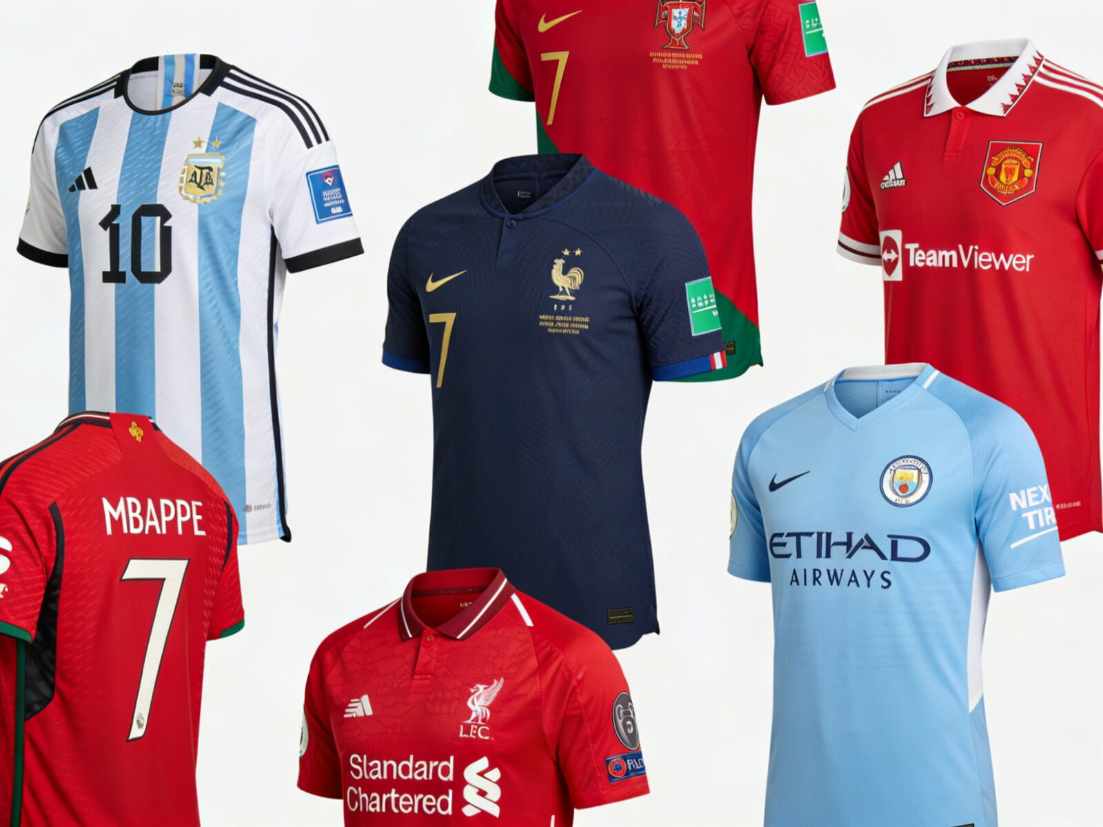 A visually appealing, diverse collage of different jersey styles - classic, modern, player-issue, custom - arranged artfully.