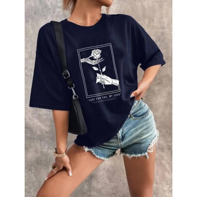 Skeleton Hand Rose Print Drop Shoulder T Shirt ZL1217