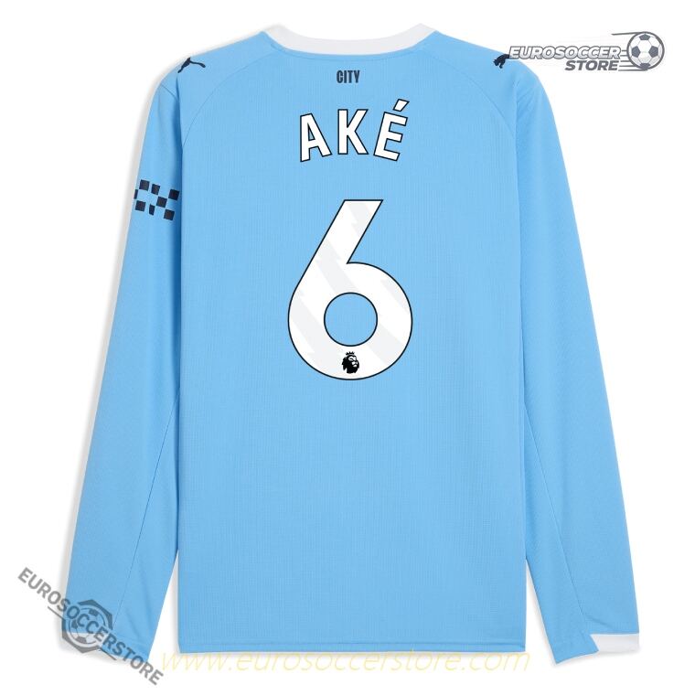 Manchester City's 25-26 Season Home Long Sleeve Jersey for Player AKÉ with Number 6