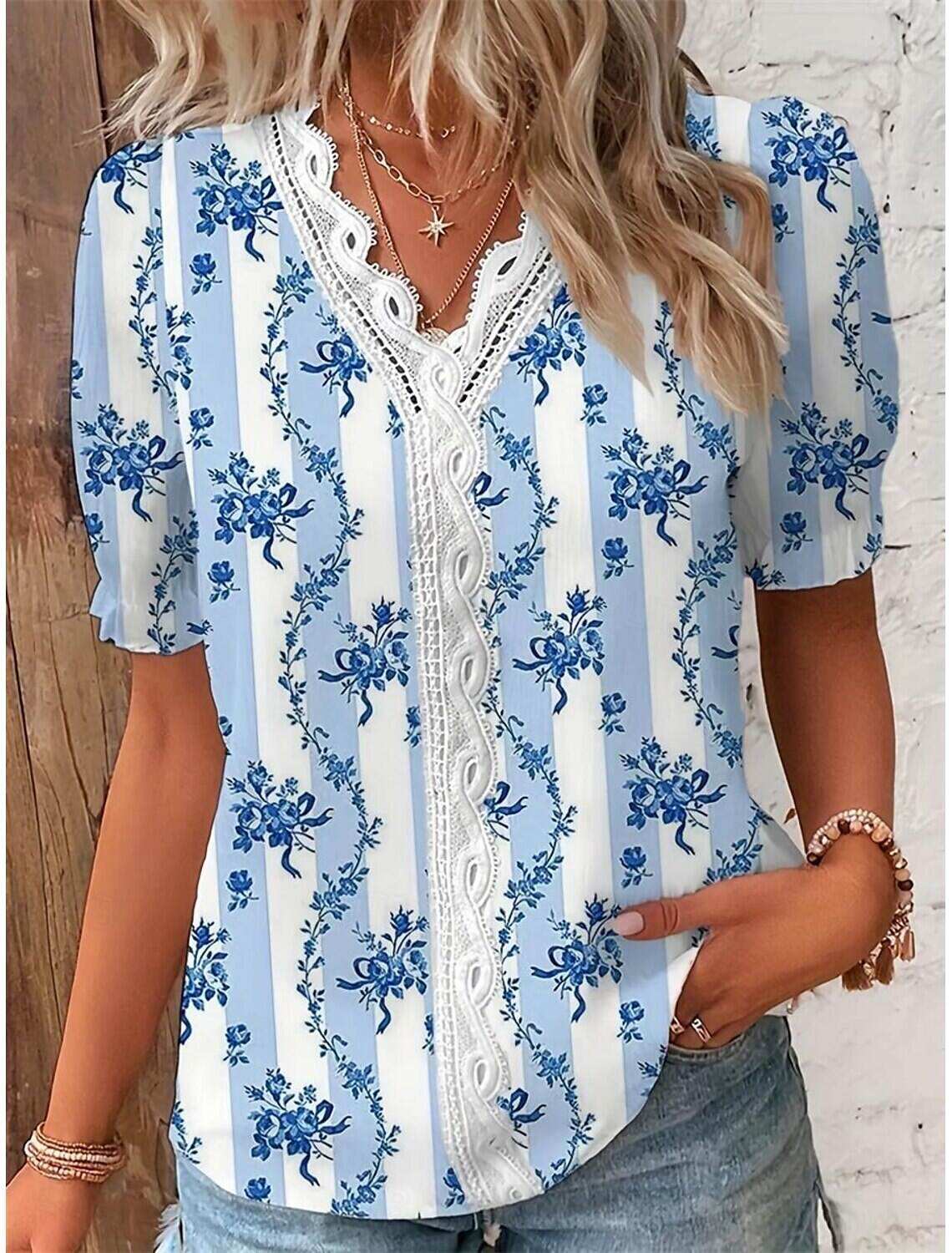 Women's Shirt Lace Shirt Blouse Stylish Modern Floral Lace Patchwork Print Short Sleeve Regular Tops V Neck Daily Sky Summer Spring