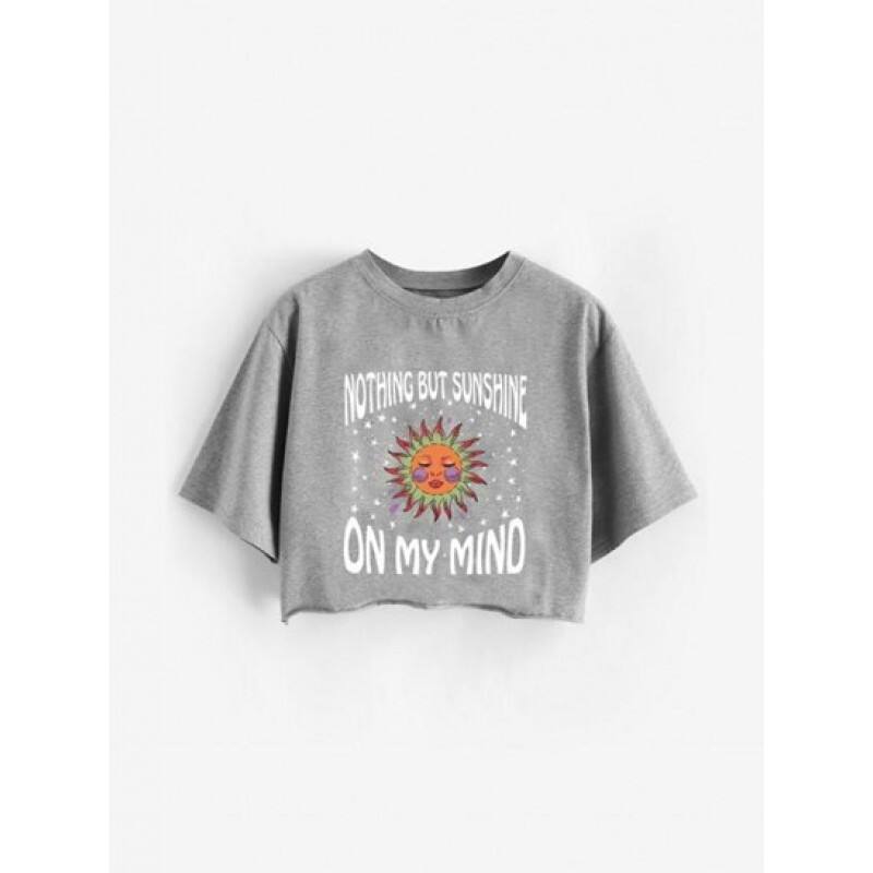 Sun Star Slogan Print Raw Hem Crop T Shirt EI2397