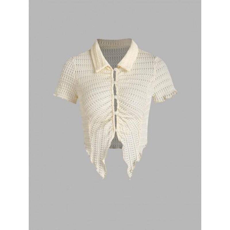 Textured Loop Button Scarf Hem Slit Top AI0668