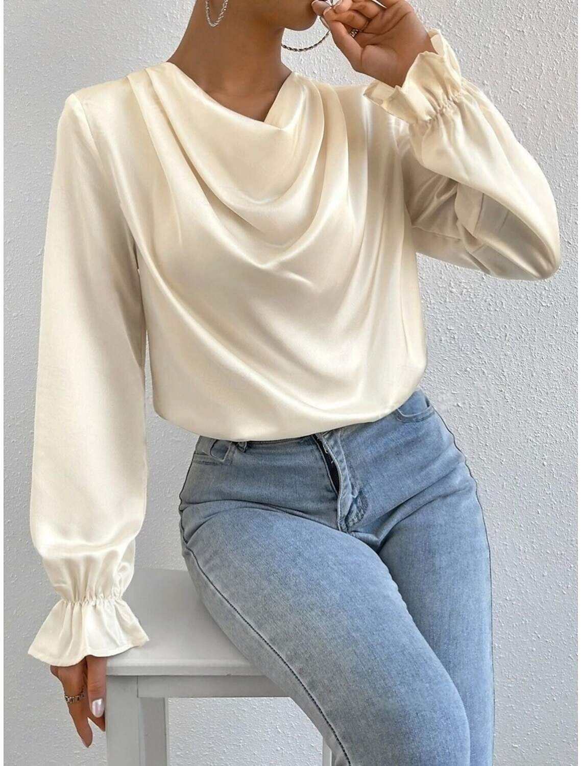 Women's Shirt Blouse Stylish Casual Solid Color Regular Tops Long Sleeve Cowl Neck Ruched Regular Fit Daily Summer Spring