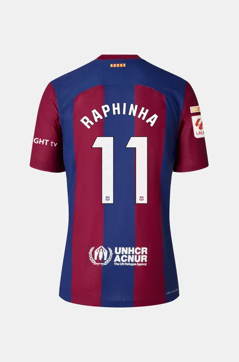 Barcelona's RAPHINHA 11 Home Jersey for the 23-24 season.
