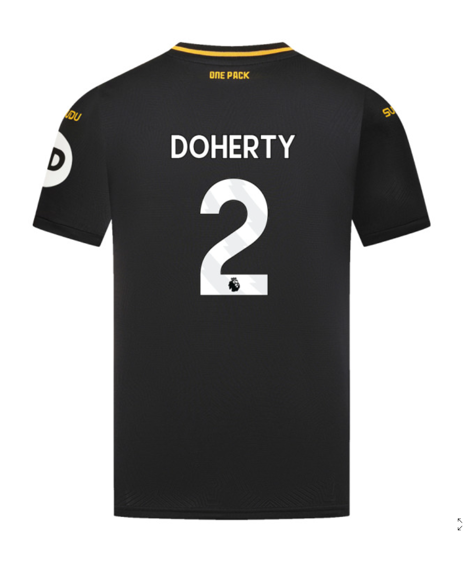 Away Jersey of Wolverhampton Wanderers for the 24-25 season, featuring the name DOHERTY and the number 2.