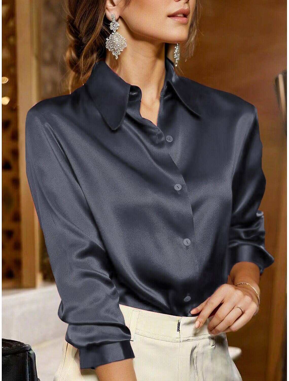 Women's Shirt Blouse Business Basic Mature Solid Color Plain Regular Tops Long Sleeve Shirt Collar Buttons Regular Fit Work Casual Daily Spring & Fall