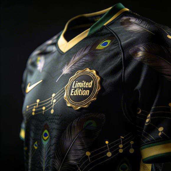 Limited-edition Brazil jersey, feather samba motifs, exclusive design, Limited Edition seal, luxury fashion reveal, dark background