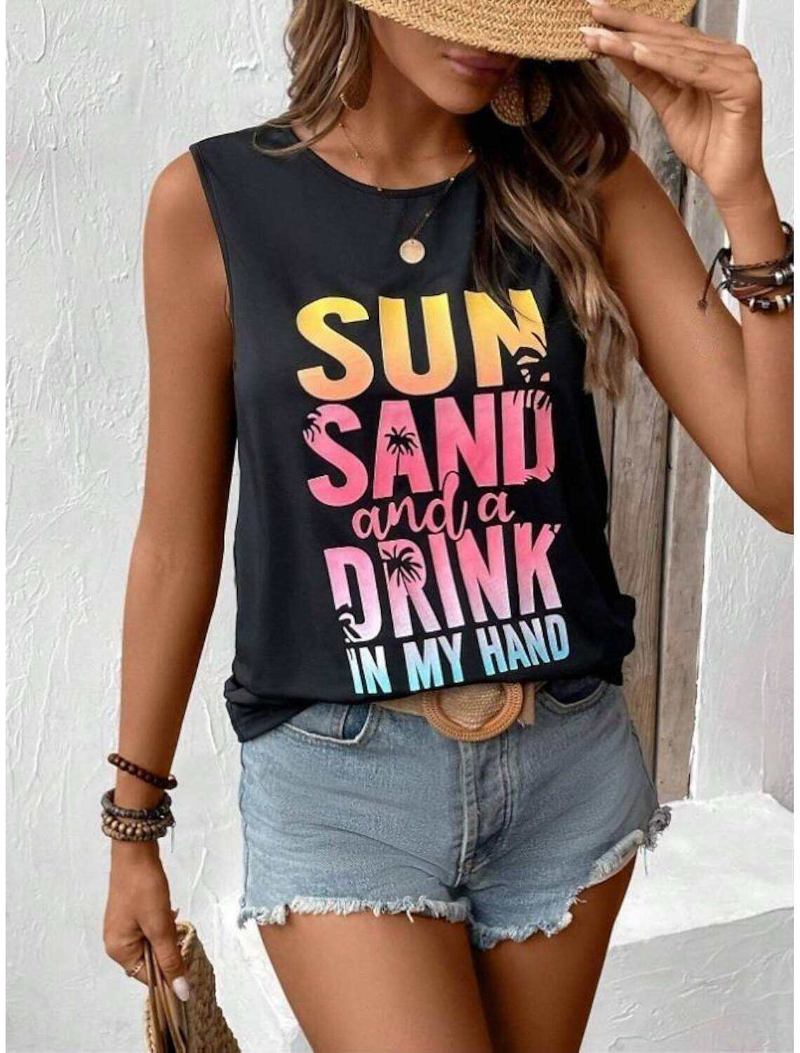 Women's Tank Top Vest Vacation Tropical Fashion Letter Print Sleeveless Regular Tops Crew Neck Casual Summer