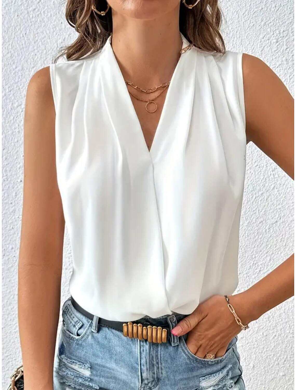 Women's Blouse Pleated Wrap Satin Solid / Plain Color Basic Casual V Neck Sleeveless Summer