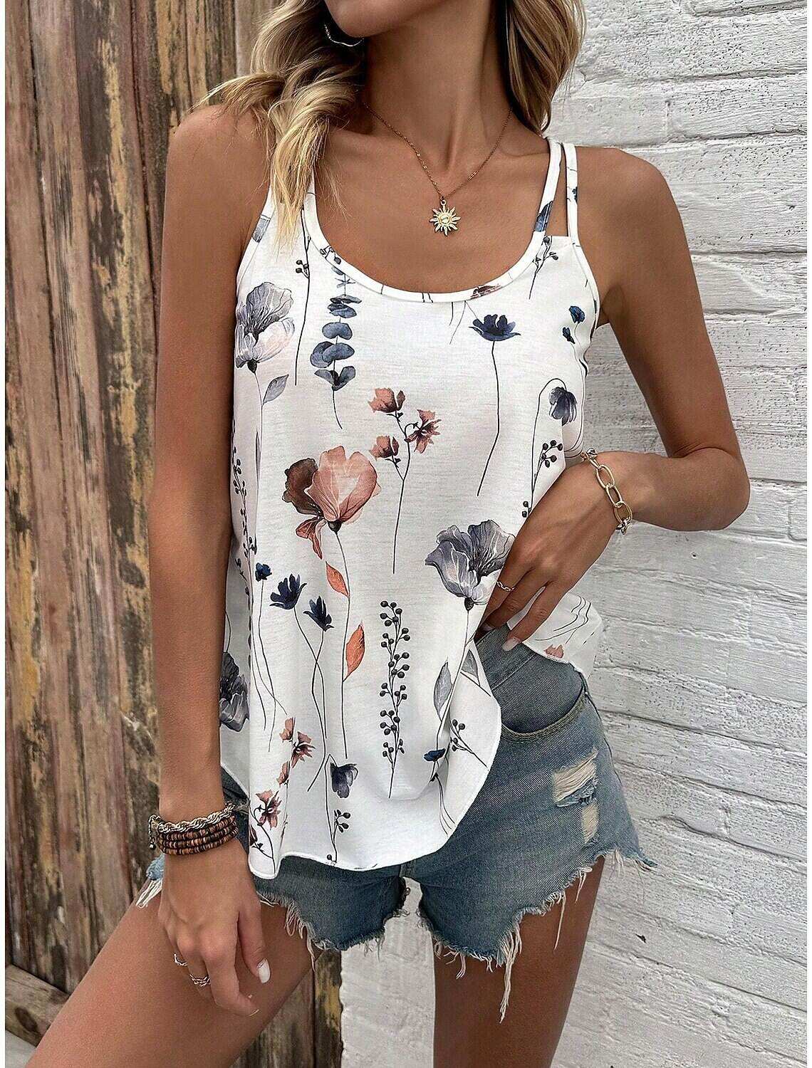 Women's Floral Print Tank Top Pink Blue Sleeveless Adjustable Straps Casual Summer Beachwear Flowy Loose Fit