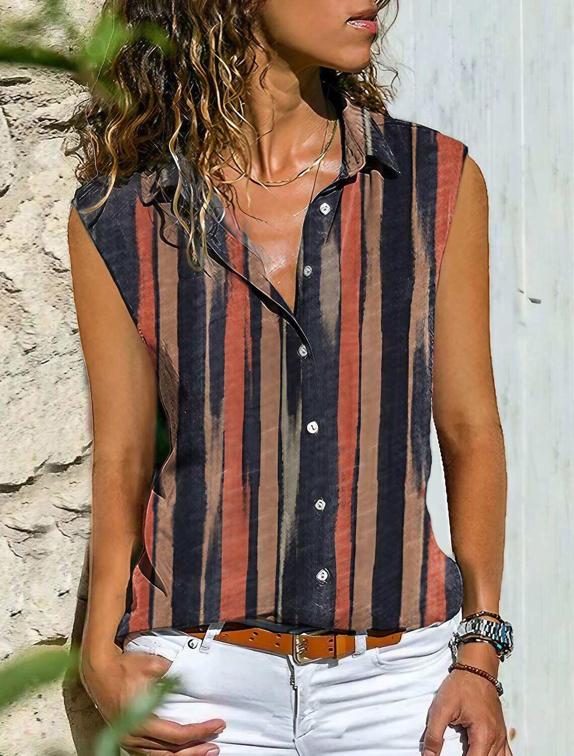 Women's Tank Top Basic Striped Print Sleeveless Regular Tops Shirt Collar Casual