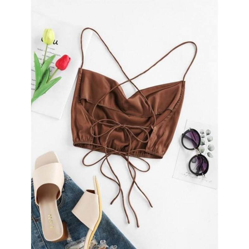 Satin Cowl Front Criss Cross Crop Camisole AO0955