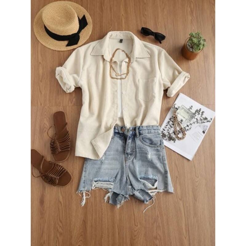 Front Pocket Corduroy Button Down Shirt KG9209