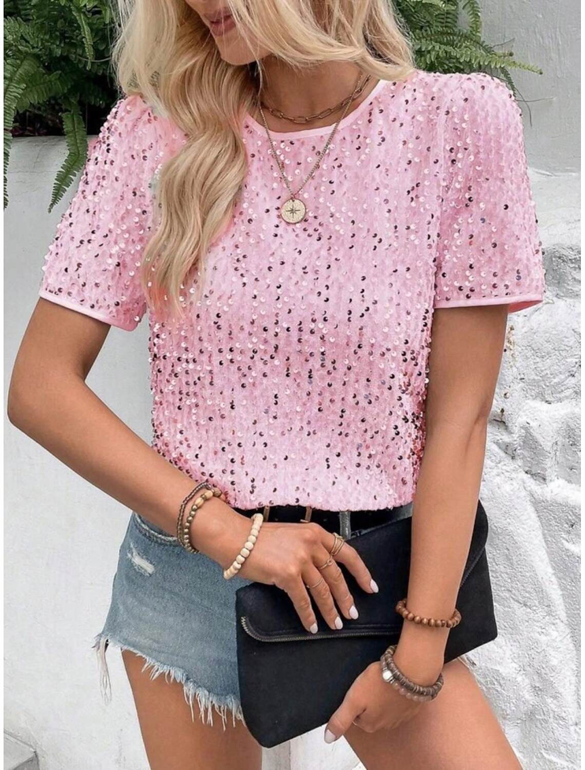 Women's T Shirt Fashion Modern Casual Plain Regular Tops Short Sleeve Crew Neck Sequins Regular Fit Daily Weekend Summer Spring