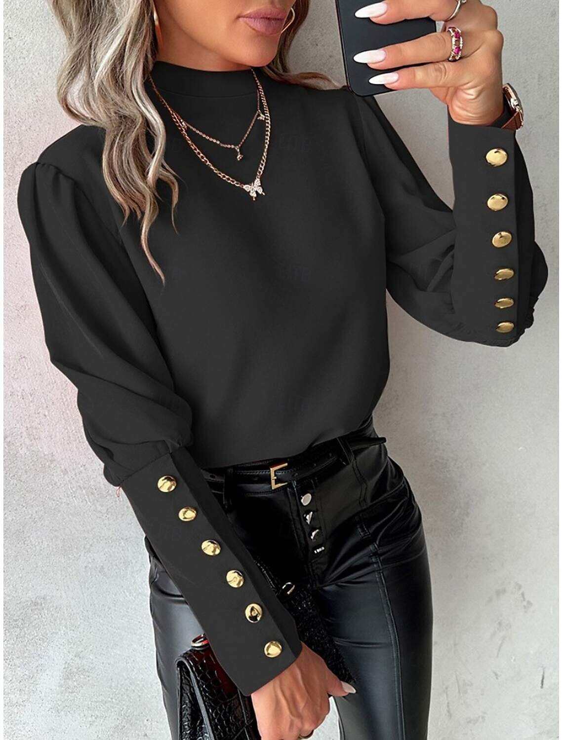 Women's Shirt Blouse Elegant Ladies Stylish Solid Color Long Sleeve High Neck Lace Buttons Slim Work Spring Fall Winter