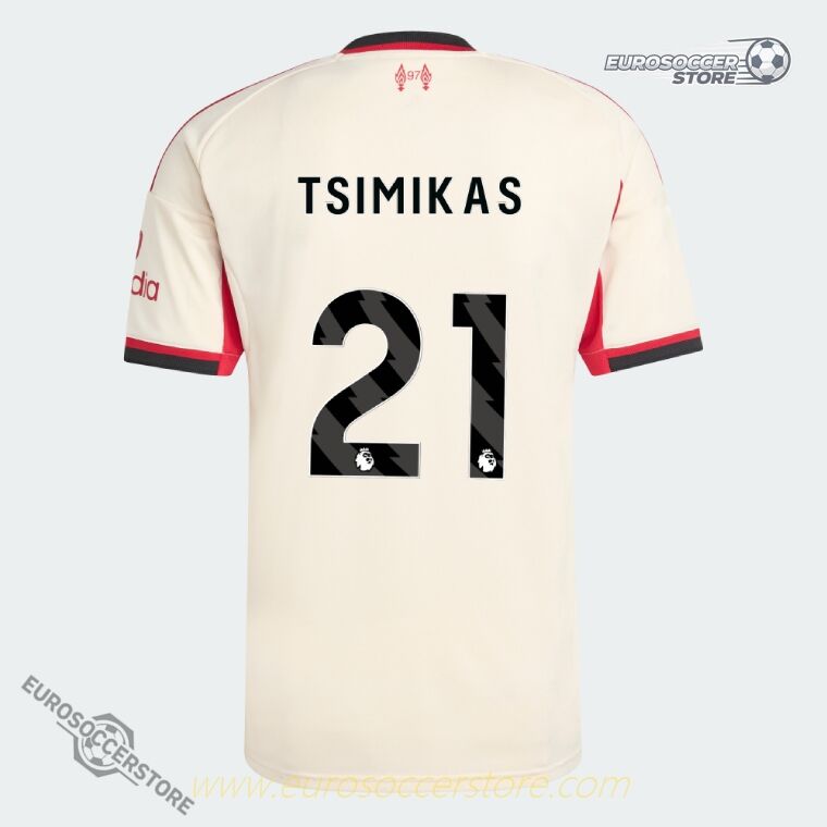 The 25-26 Away Jersey of Liverpool player TSIMIKAS, numbered 21.