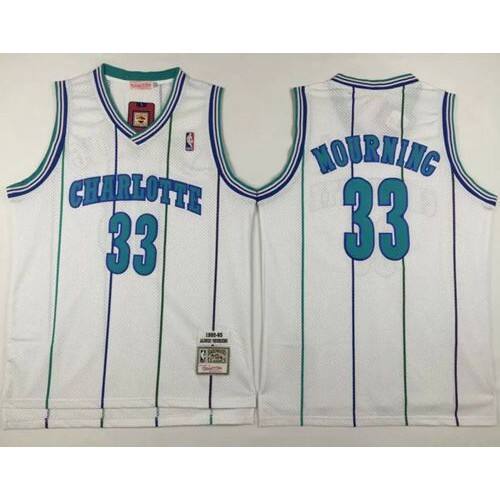 Mitchell And Ness Charlotte Hornets #33 Alonzo Mourning White Throwback Stitched NBA Jersey Mens