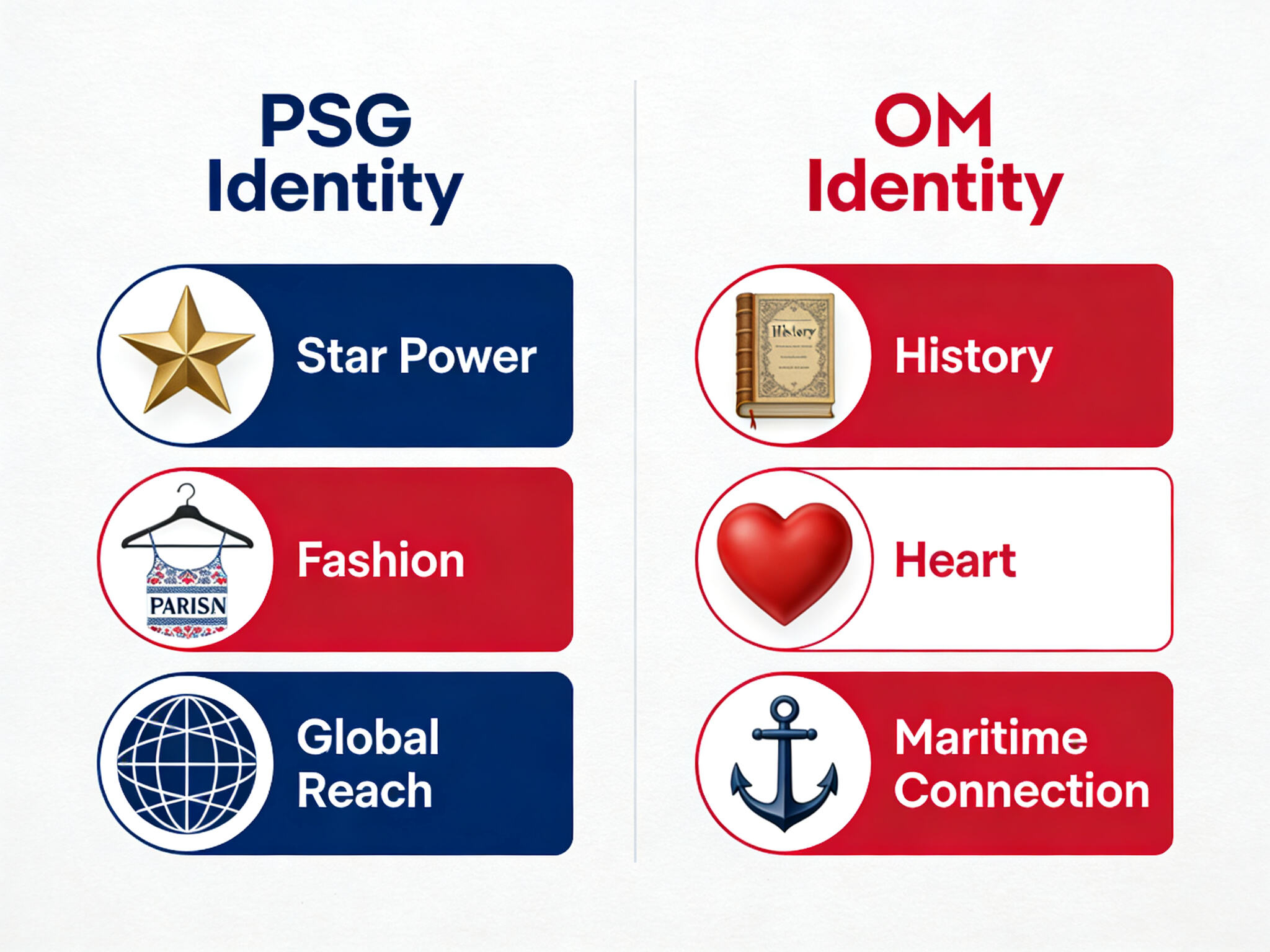 An infographic-style side-by-side comparison. Left: &ldquo;PSG Identity&rdquo; with icons for star, fashion, globe. Right: &ldquo;OM Identity&rdquo; with icons for history, heart, anchor.