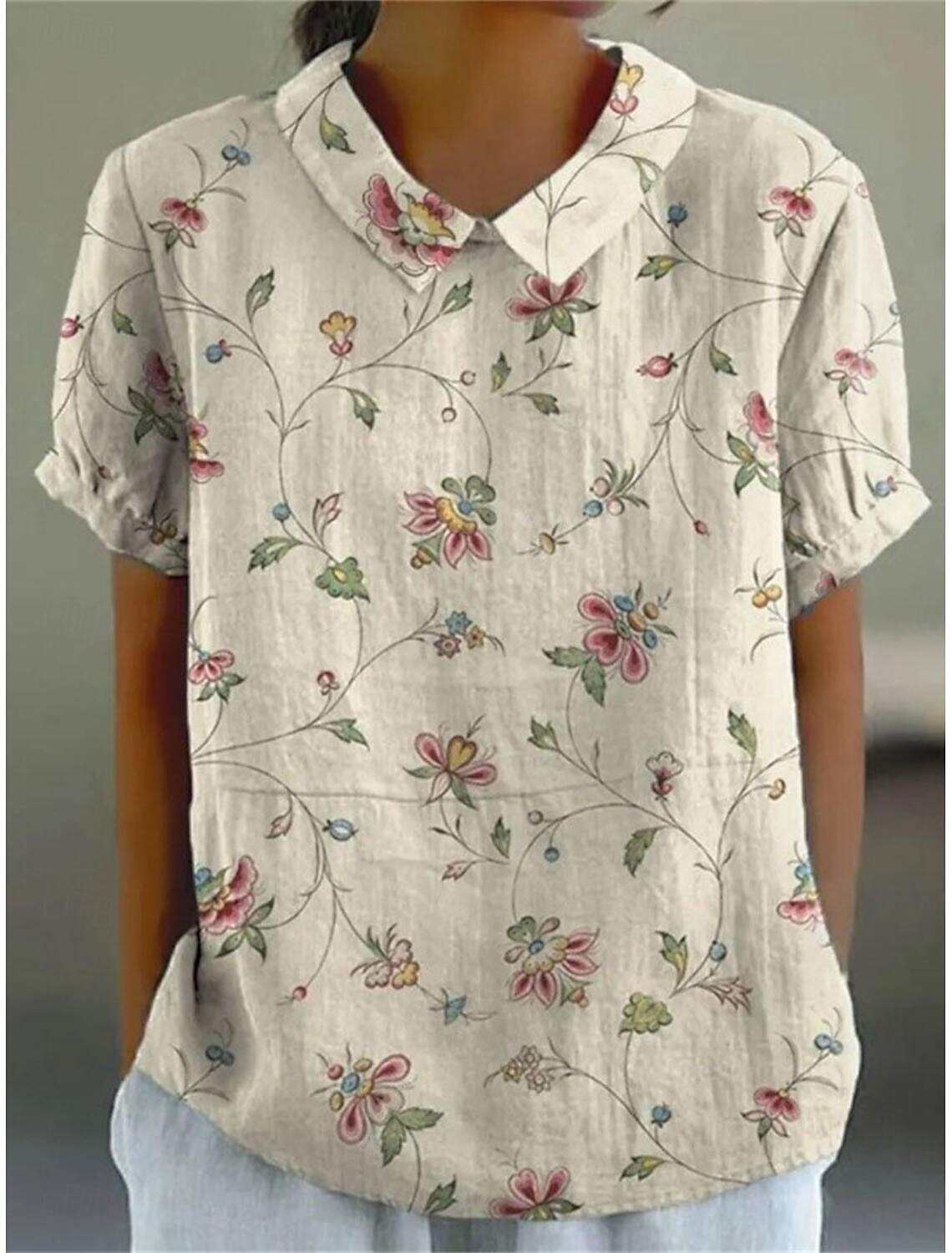 Women's Shirt Blouse Modern Floral Buttons Print Short Sleeve Regular Tops Shirt Collar Vacation Daily Summer Spring