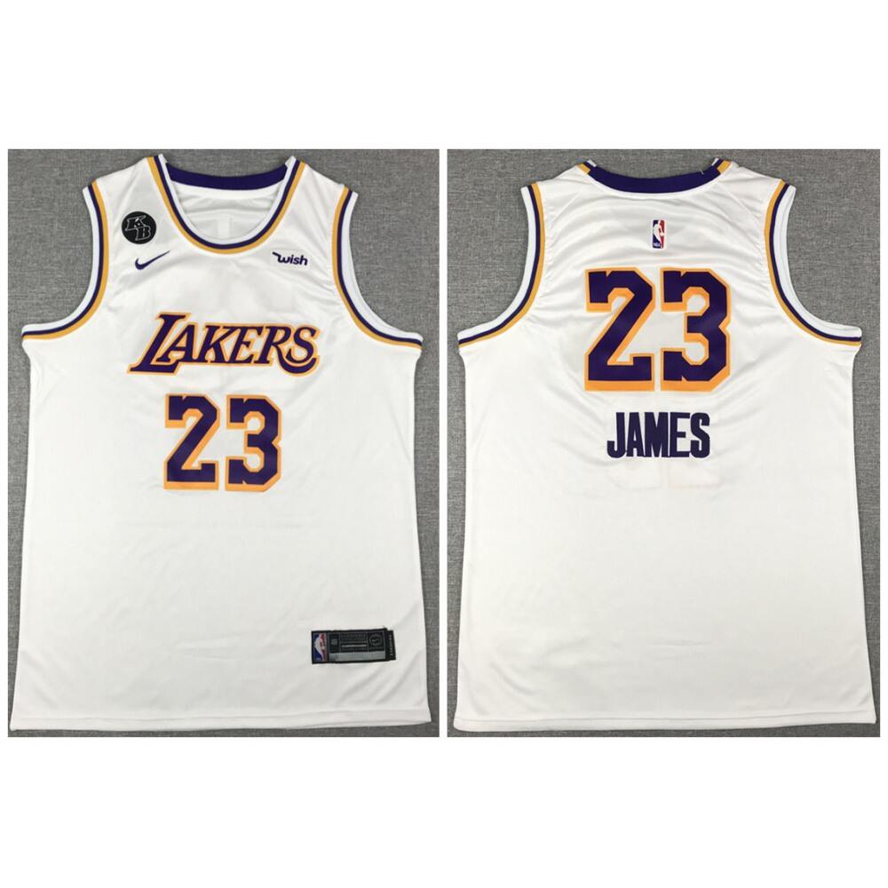 Men's Los Angeles Lakers #23 LeBron James White With KB Patch Stitched Jersey