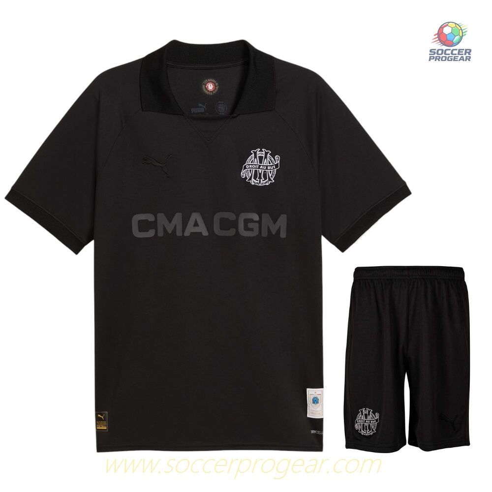 OM Fan Edition 125th Anniversary Black Kids Edition Jersey Set Soccer Jersey