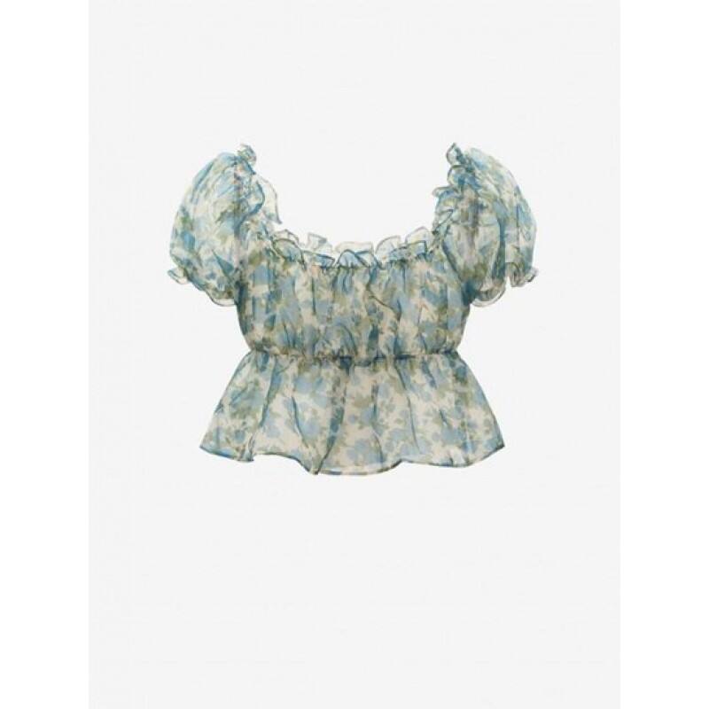 Floral Print Ruffle Puff Sleeve Peplum Blouse VW5778