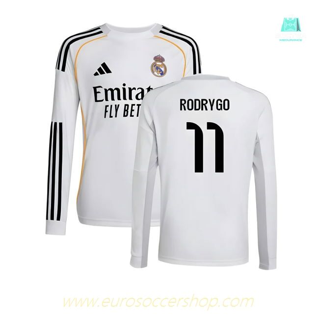 2025-2026 Real Madrid Long Sleeve Home Shirt (Kids) (Rodrygo 11)