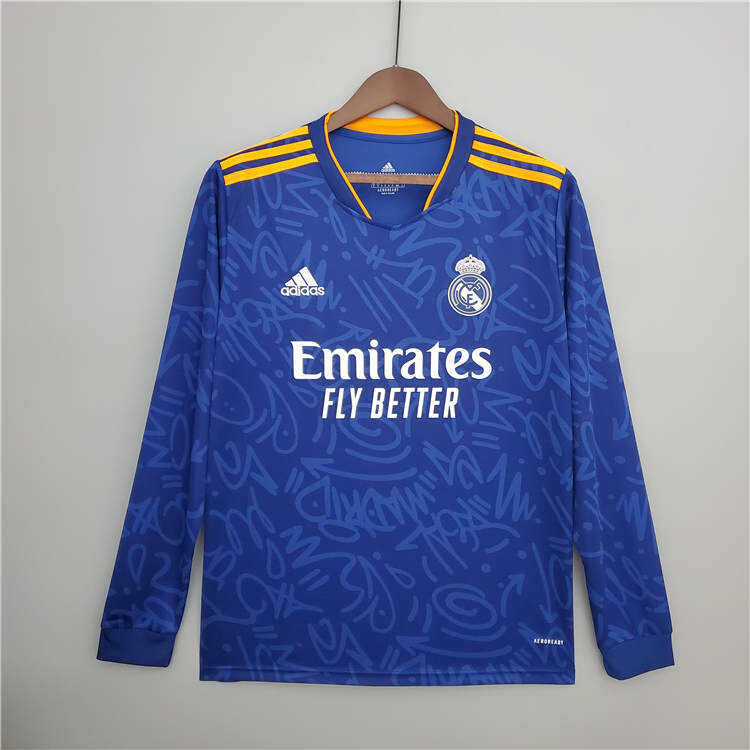 Real Madrid 21-22 Away Blue Soccer Jersey Football Shirt Long Sleeve
