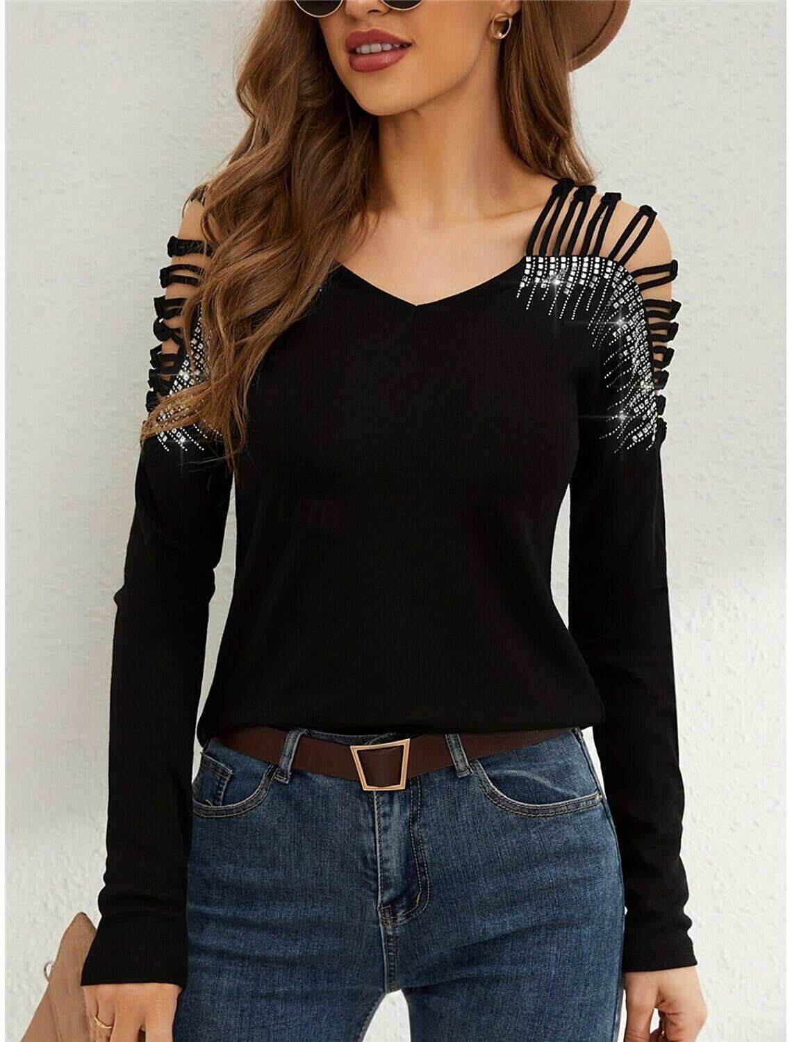 Women's T Shirt Fashion Modern Casual Plain Regular Tops Long Sleeve V Neck Patchwork Cut Out Regular Fit Daily Weekend Fall