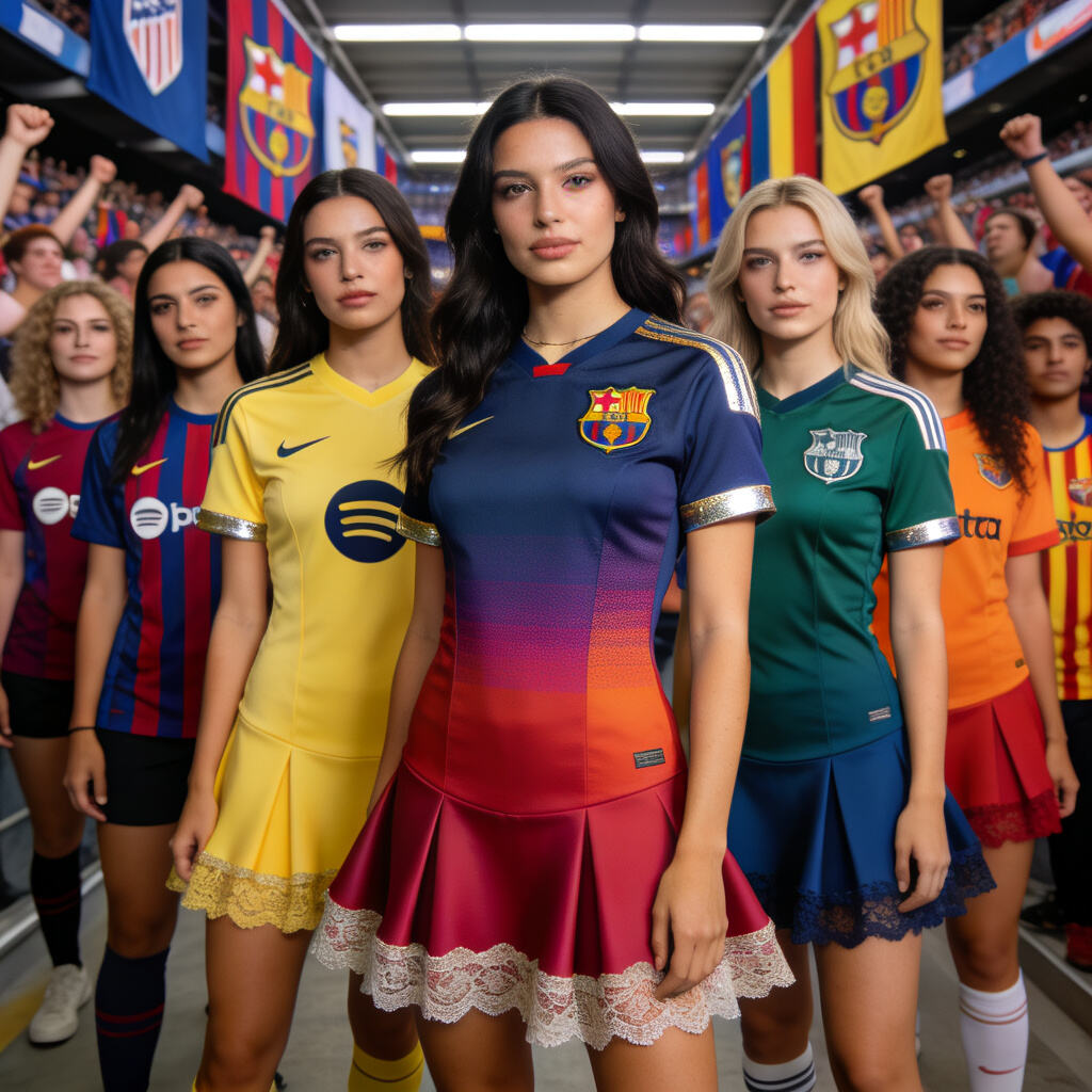 Modern female football fans: a diverse group wearing custom women's La Liga jerseys