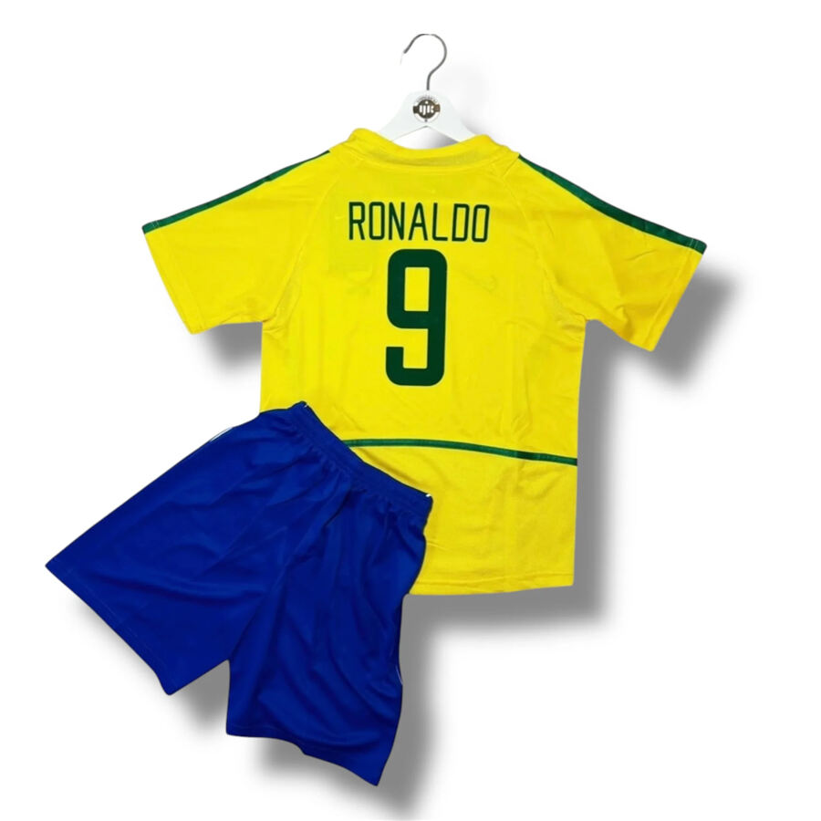 Kids Brazil 2002 Home Soccer Kit Ronaldo 9 ShirtShorts - Official