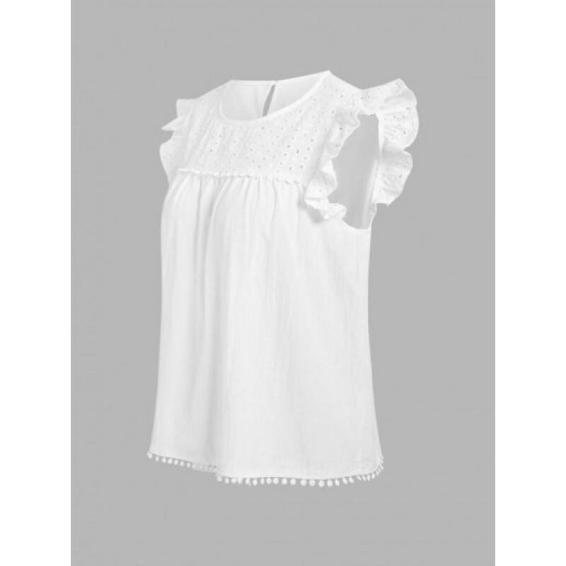 Eyelet Ruffle Pom Pom Blouse AU0166