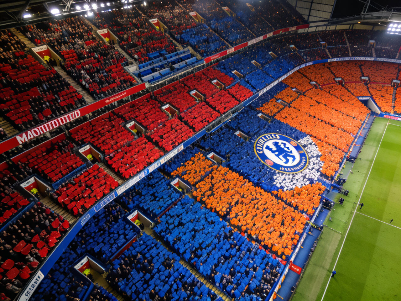 An aerial, wide-angle shot of a massive college football stadium (e.g., Ohio Stadium) filled with fans all wearing the same color, creating a stunning, uniform &ldquo;sea&rdquo; of team spirit.