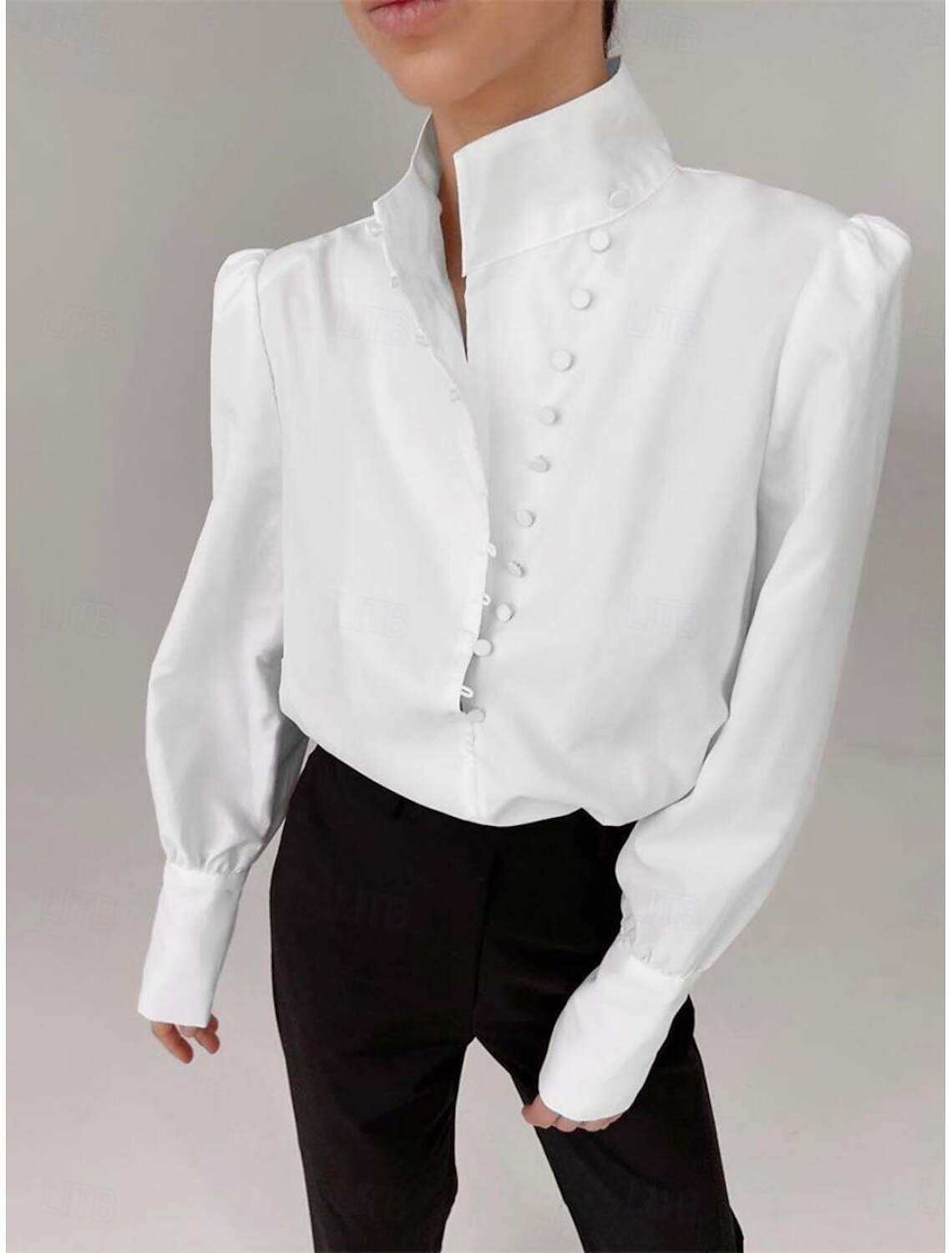 Women's Shirt Blouse Stylish Casual Solid Color Regular Tops Long Sleeve High Neck Buttons Regular Fit Daily Summer Spring