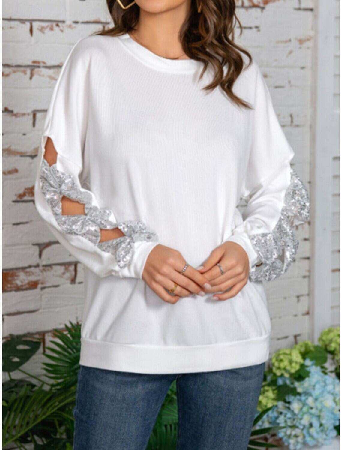 Women's Shirt Blouse Basic Casual Solid Color Regular Tops Long Sleeve Crew Neck Sequins Patchwork Bow Regular Fit Daily Fall Winter