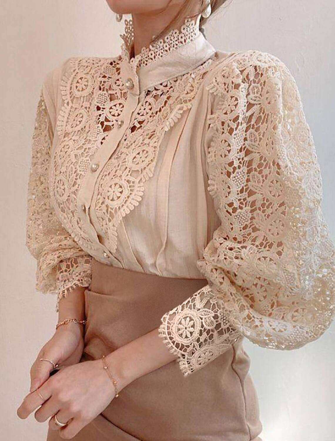 Women's Lace Shirt Blouse Eyelet top  Lace Shirt Elegant Fashion Elegant & Luxurious Solid Colored Shirt Collar Hole Regular Fit Daily Spring Fall Winter Fall & Winter