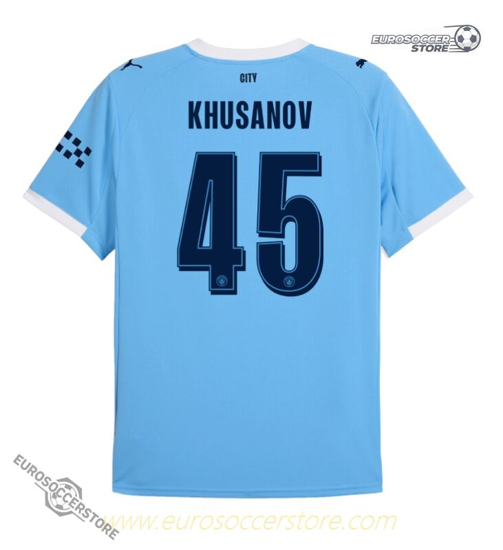 25-26 Season Manchester City Home UCL Jersey with Khusanov 45 Printing