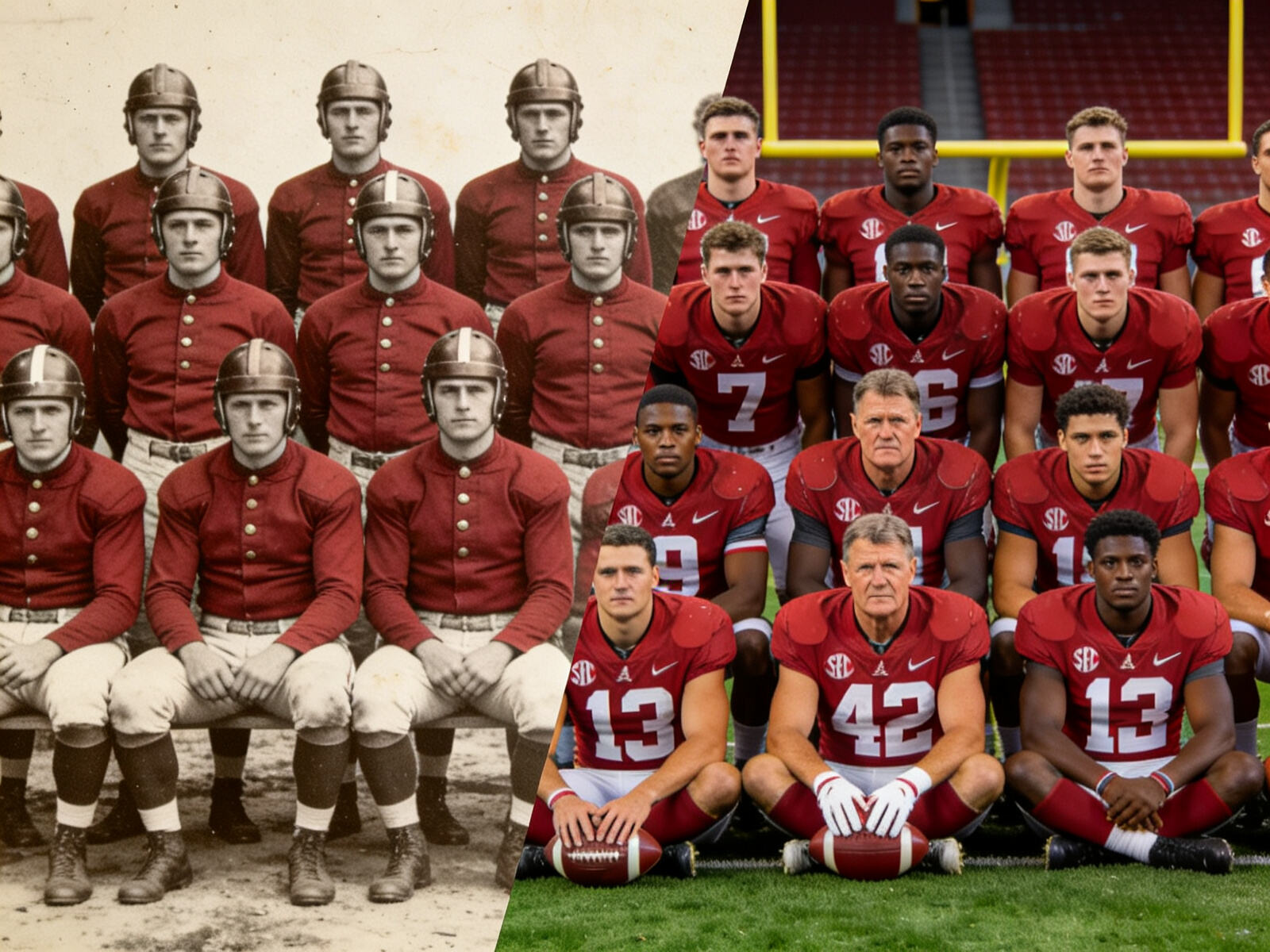 Vintage photo of an early 1900s Alabama football team contrasted with a modern action shot of the Crimson Tide, showcasing the enduring legacy of the crimson jersey and white helmet.