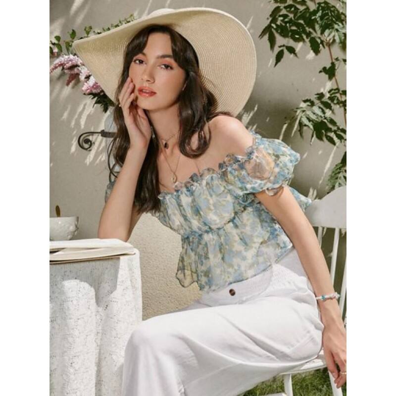 Floral Print Ruffle Puff Sleeve Peplum Blouse VW5778