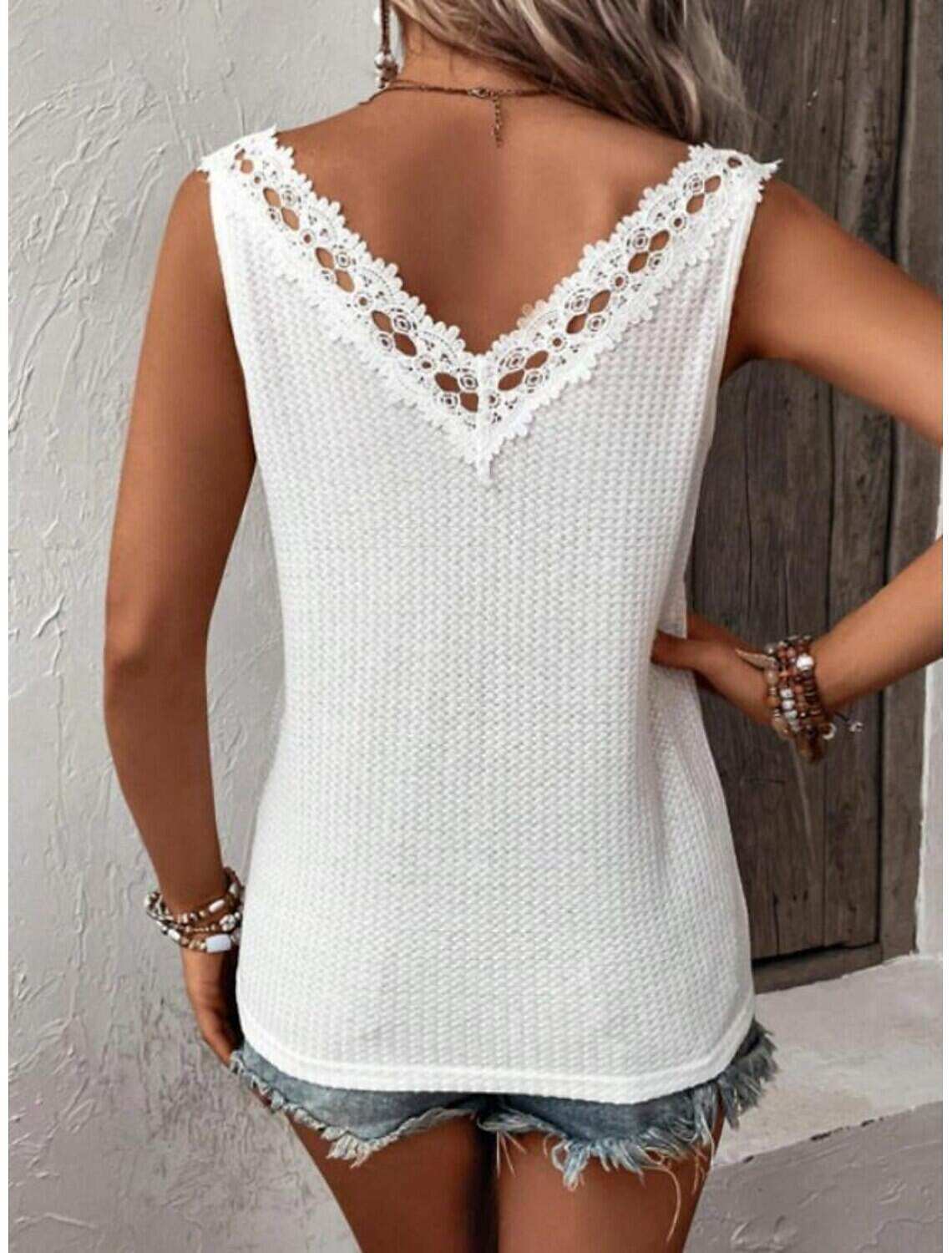 Women's Shirt Dressy Tops Stylish Lace Eyelet Sleeveless Sleeveless V Neck Daily Summer