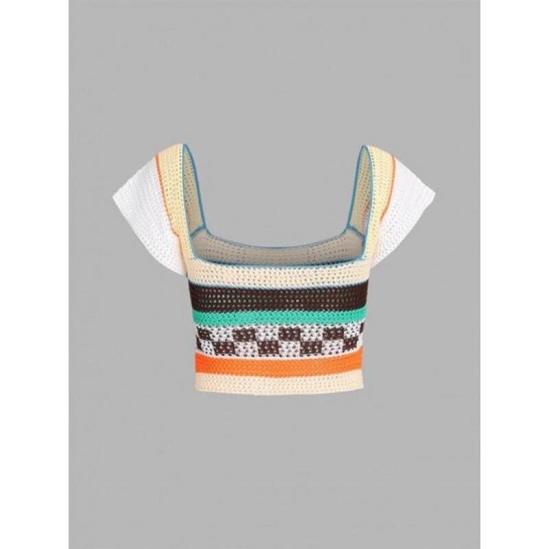 Openwork Crochet Checkered Striped Cap Sleeve Crop Top EM2890