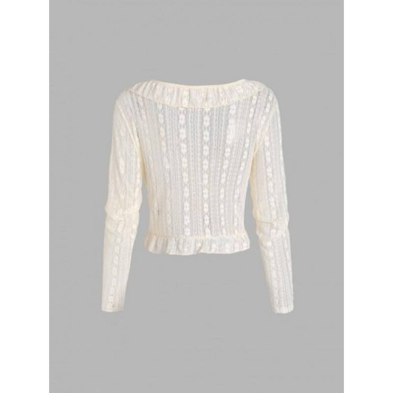 Floral Lace See Thru Ruffle Tie Front Blouse QE5258