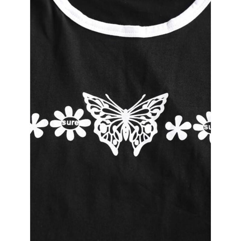 Butterfly Daisy Print Cropped Ringer Tee WL9405